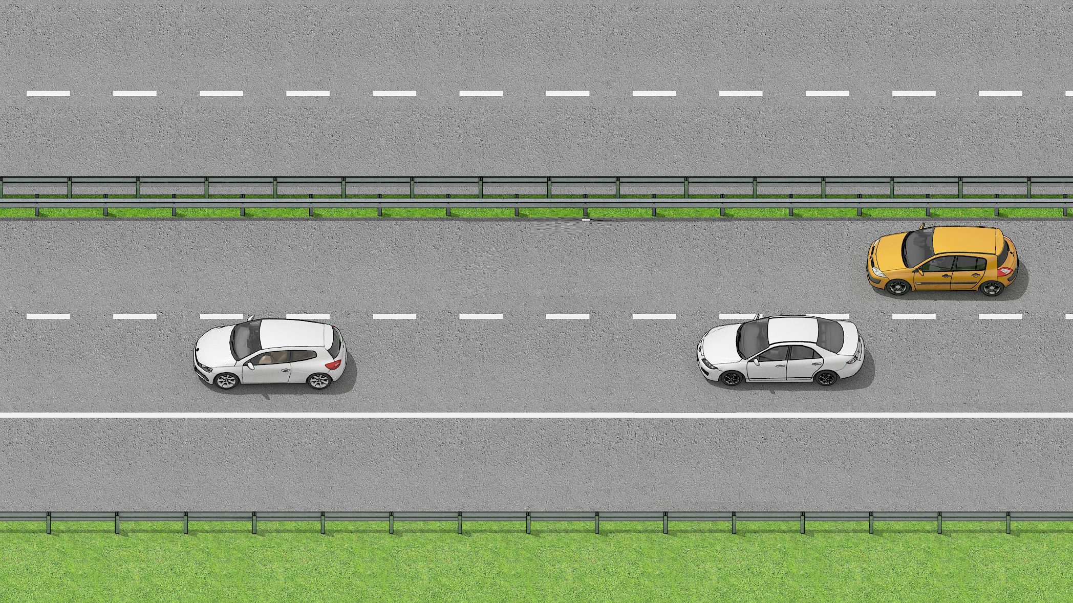 The white cars are driving normally, and the orange car is using the right lane to overtake