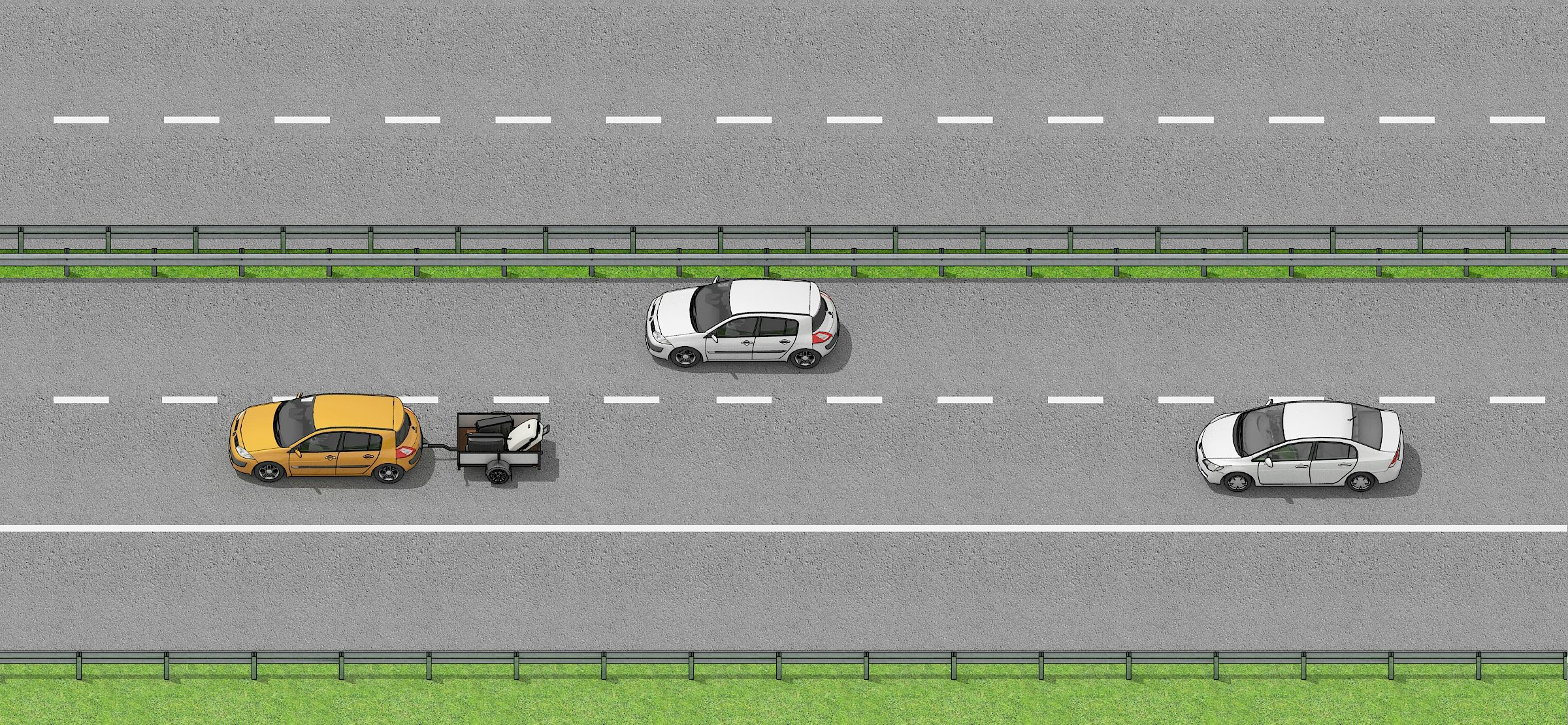 Keep left unless overtaking a slower-moving vehicle (e.g. the orange car towing a trailer)