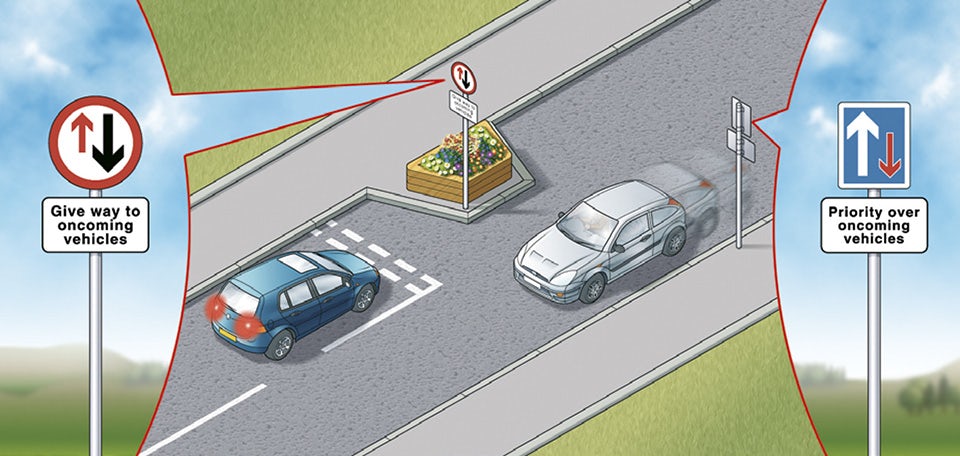 The blue car has to give way i.e. stop to let the white car pass