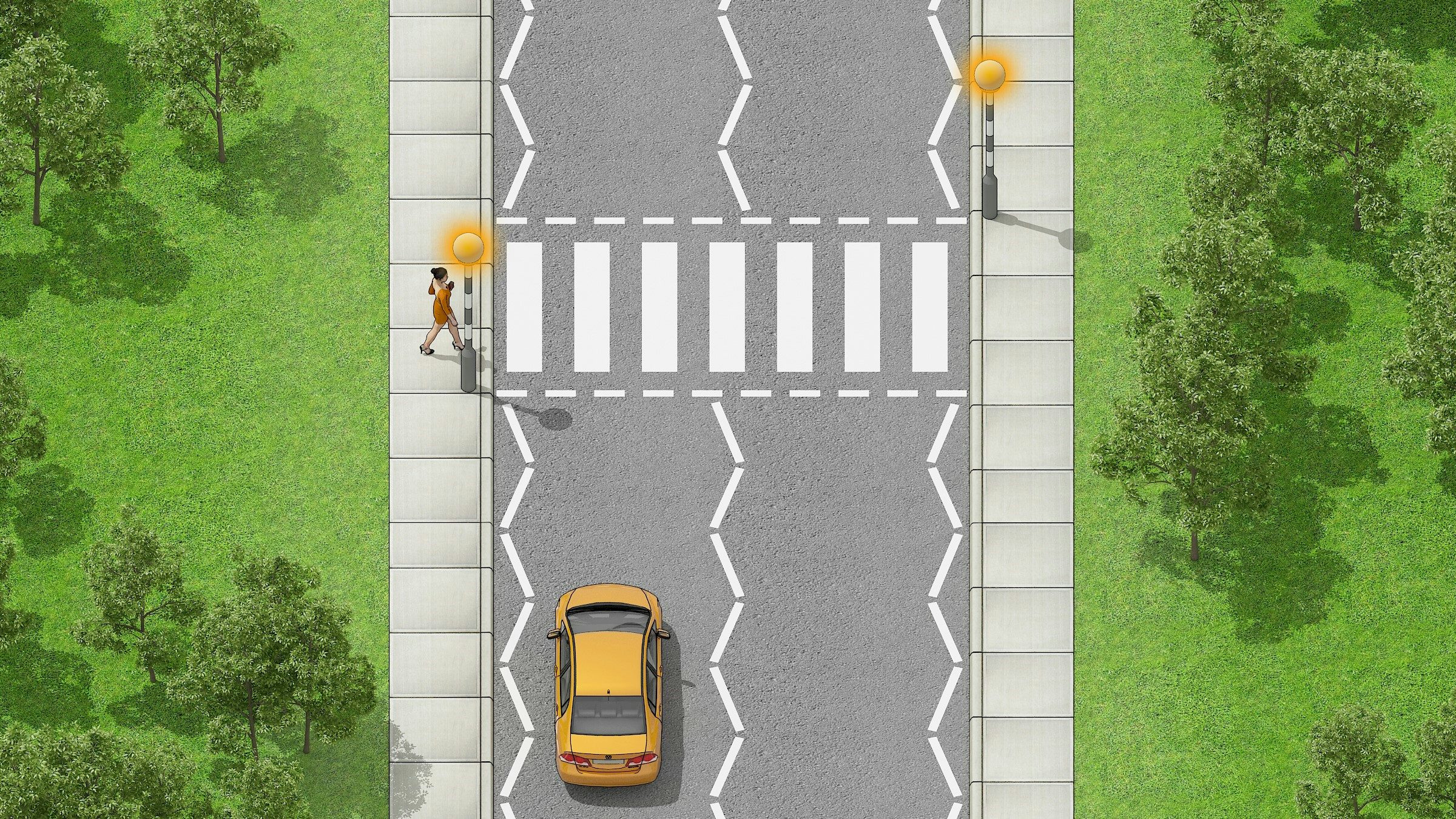 The orange car MUST give way to the lady about to enter the zebra crossing