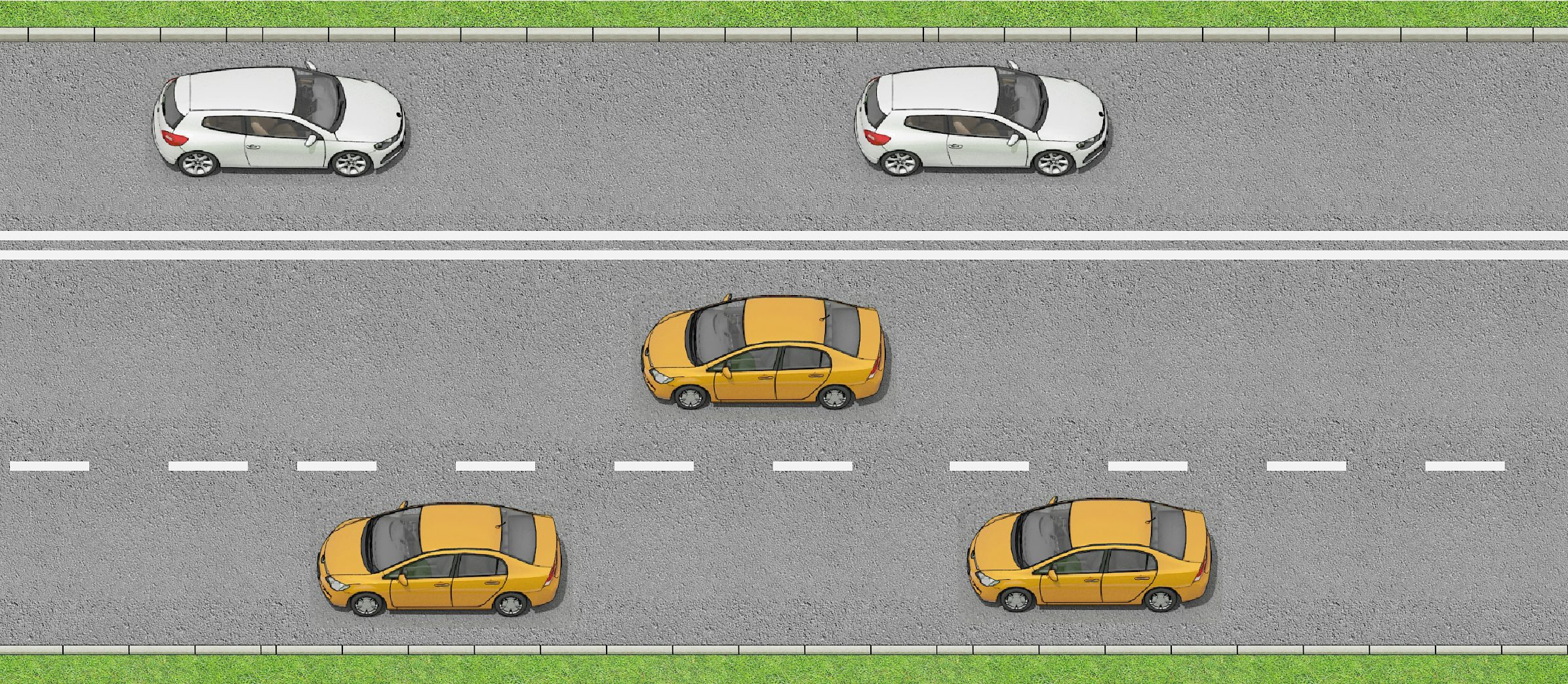 Single carriageway with 2 lanes in one direction, and 1 lane in the other direction