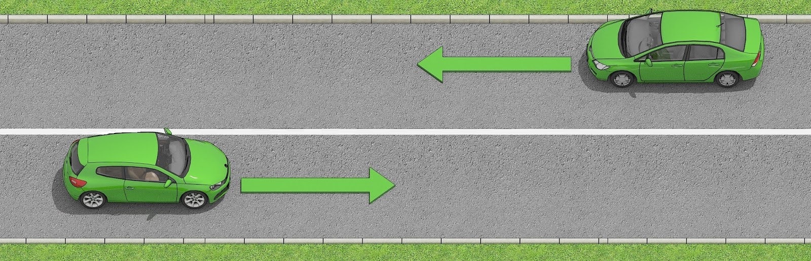 Två bilar möts på en väg där det är en heldragen linje som delar körfälten.