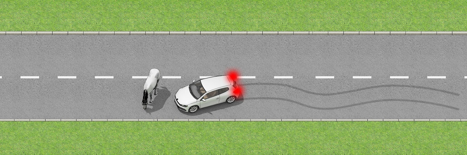 A CAR BRAKING FOR HAZARD ON ROAD