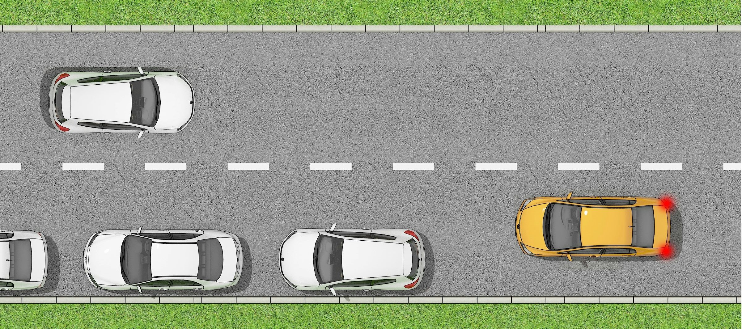 The orange car must yield to oncoming vehicles as there are parked vehicles on its side of the road