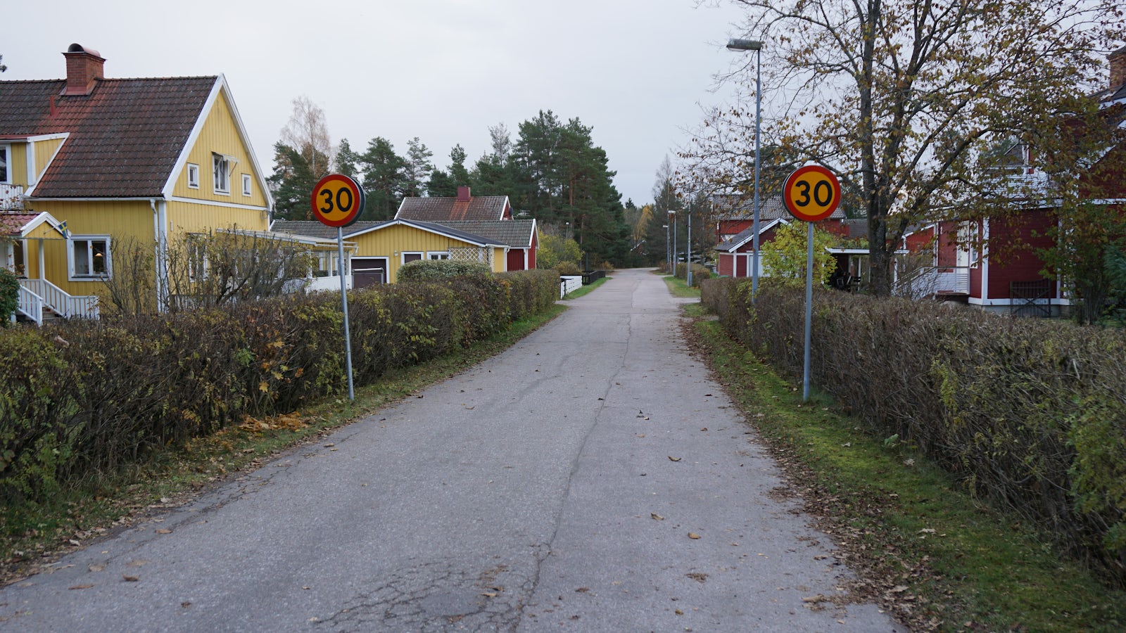 Väg i ett villaområde där hastighetsbegränsningen är 30 km/h och där högerregeln gäller.