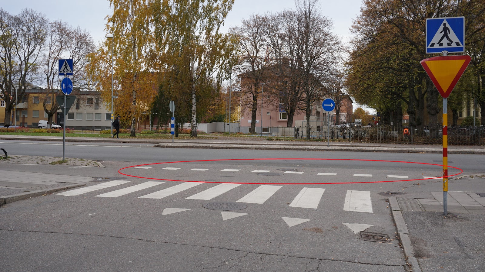 Du känner igen en cykelpassage på de rektangulära vita vägmarkeringarna närmast den korsande vägen