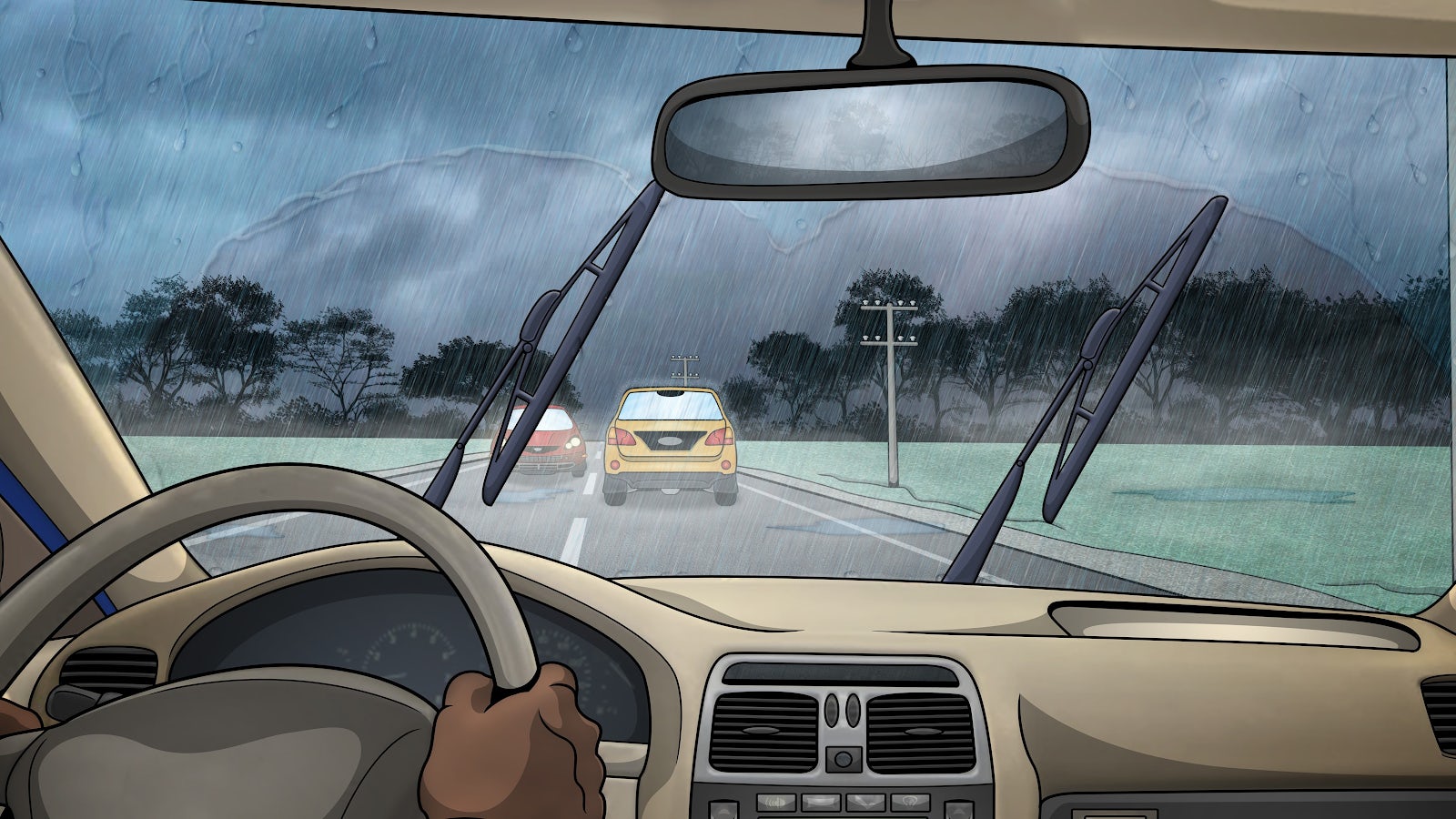 Det regnar på vindrutan på en bil som håller ett gott avstånd till bilen framför. 